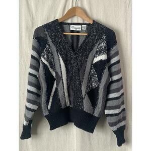 Vintage Donagain Womens 80s Cozy Metallic Faux Wrap Sweater Size‎ S Striped Chic